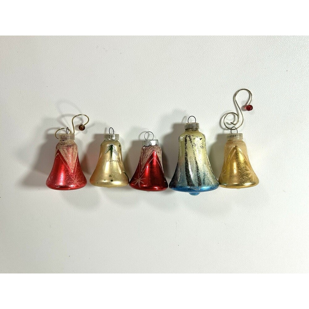 Lot 5 Glass Bell Christmas Tree Ornament Glitter West Germany Vintage Red Gold
